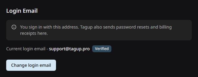 The Login Email section with the current address, the Verified badge, and the Change login email button