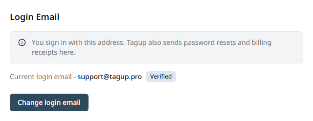 The Login Email section with the current address, the Verified badge, and the Change login email button