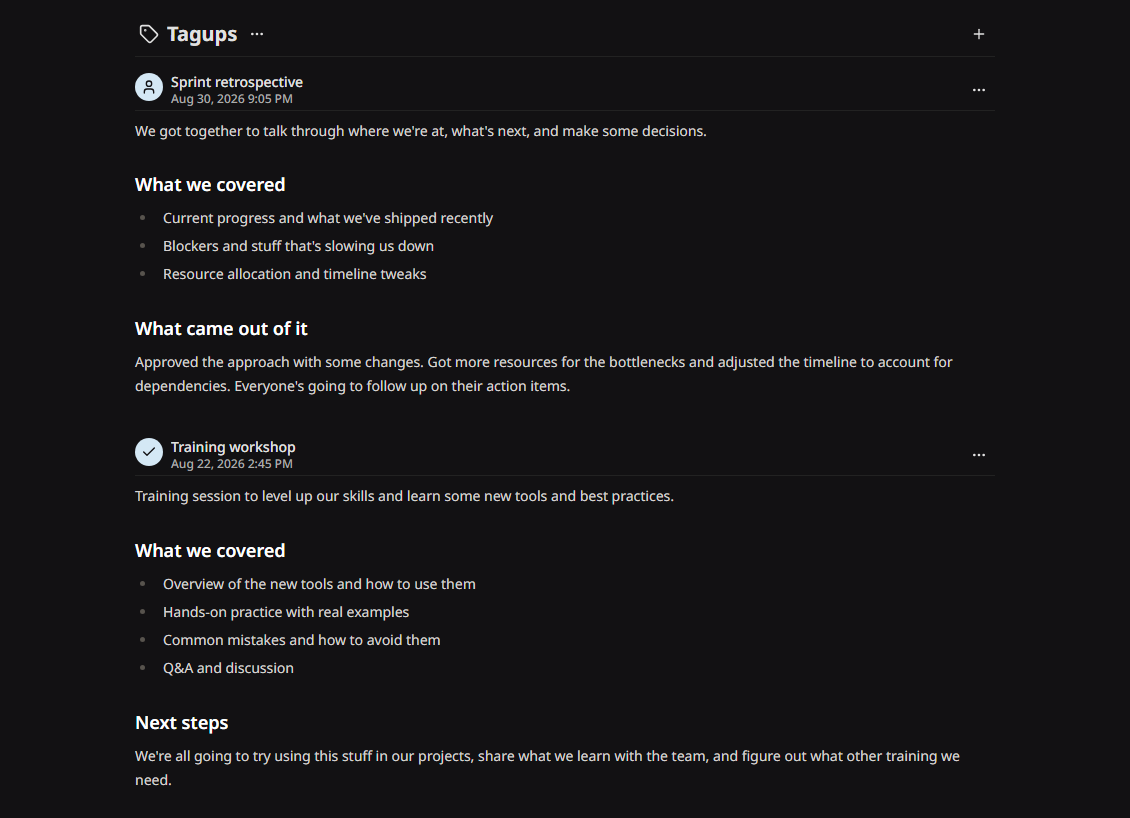 The tagup timeline on a person profile, with conversations listed newest first