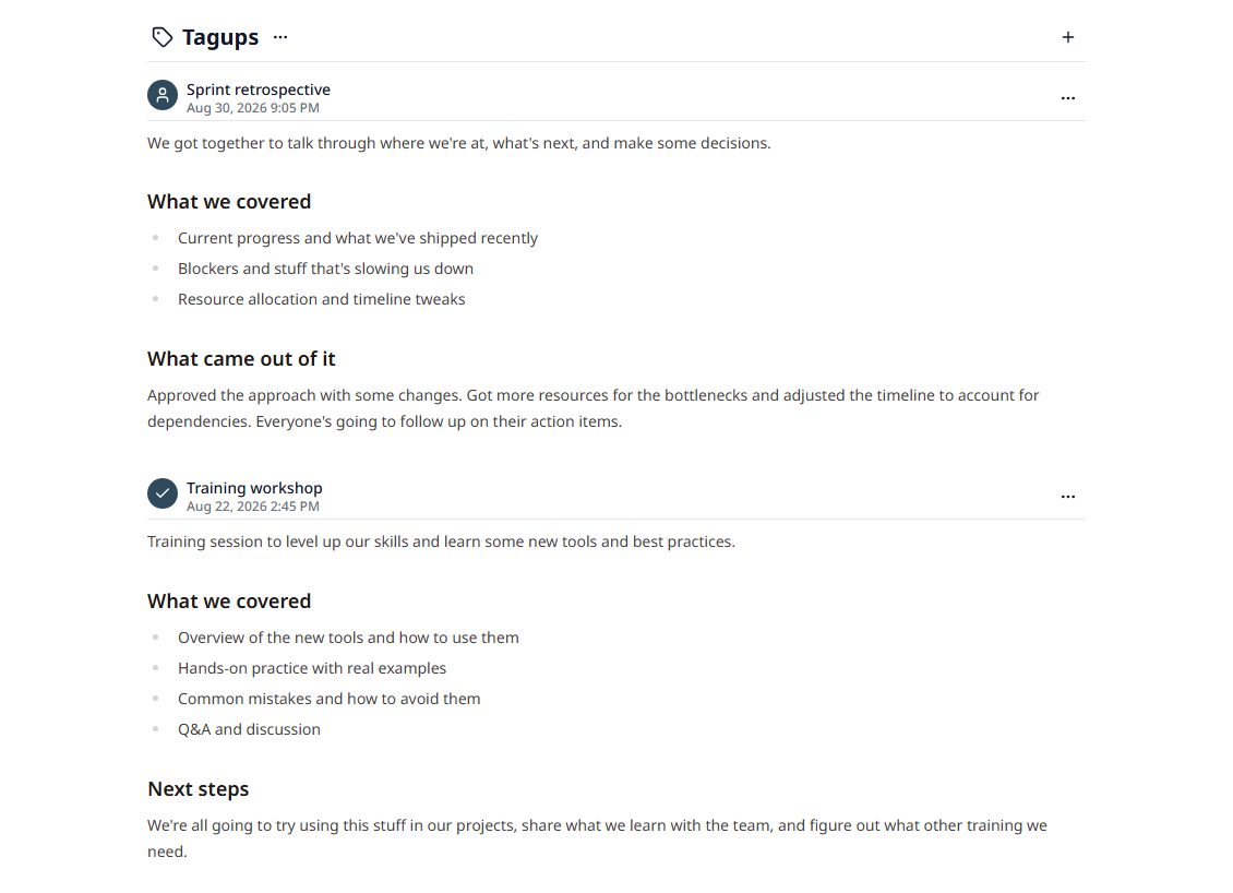 The tagup timeline on a person profile, with conversations listed newest first