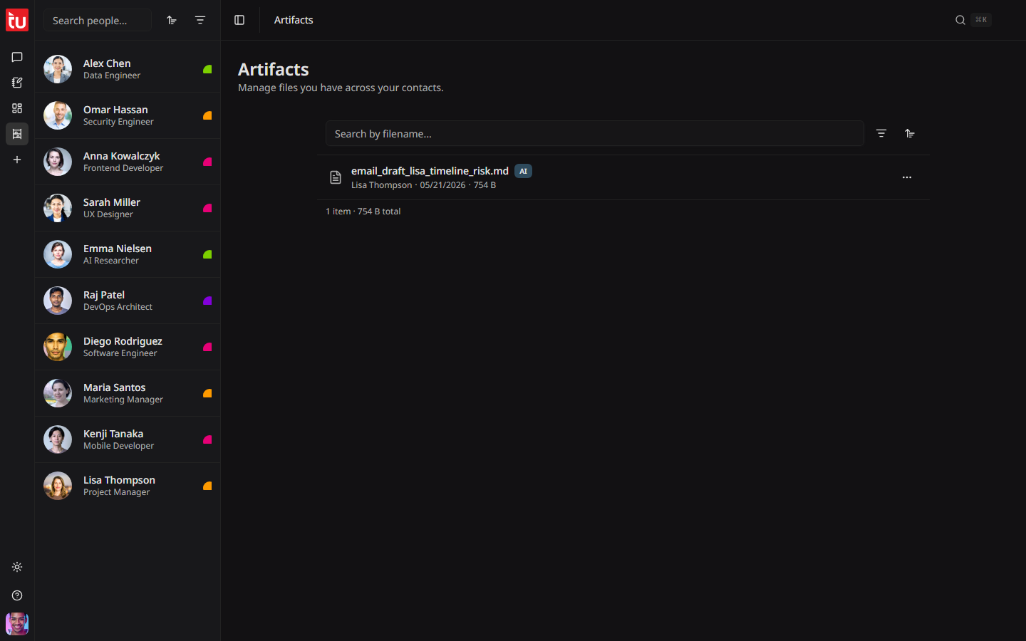 The Artifacts page listing files with their source, contact, date, and size