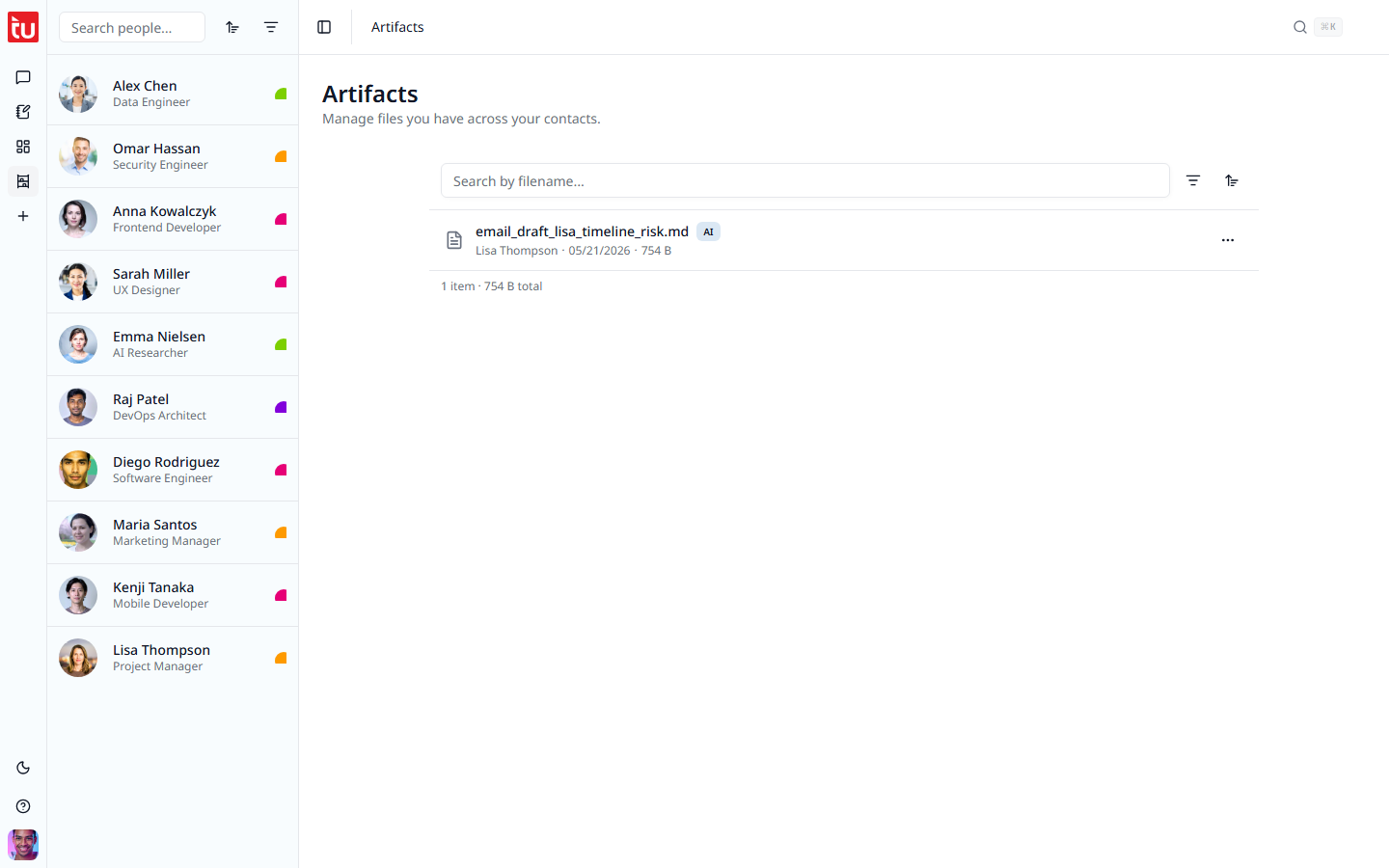 The Artifacts page listing files with their source, contact, date, and size