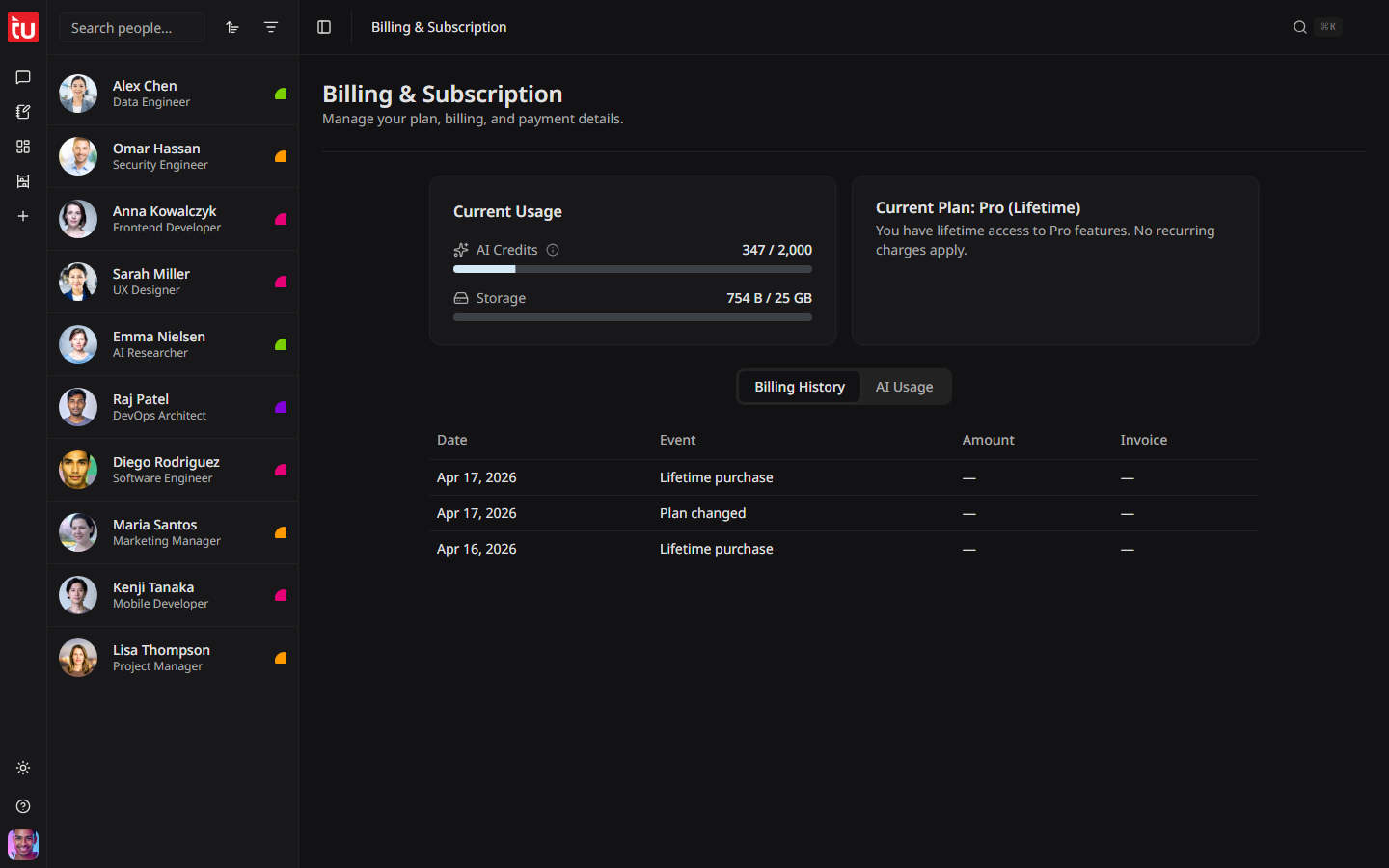 The Billing page with the usage bars, the current plan, and the history table