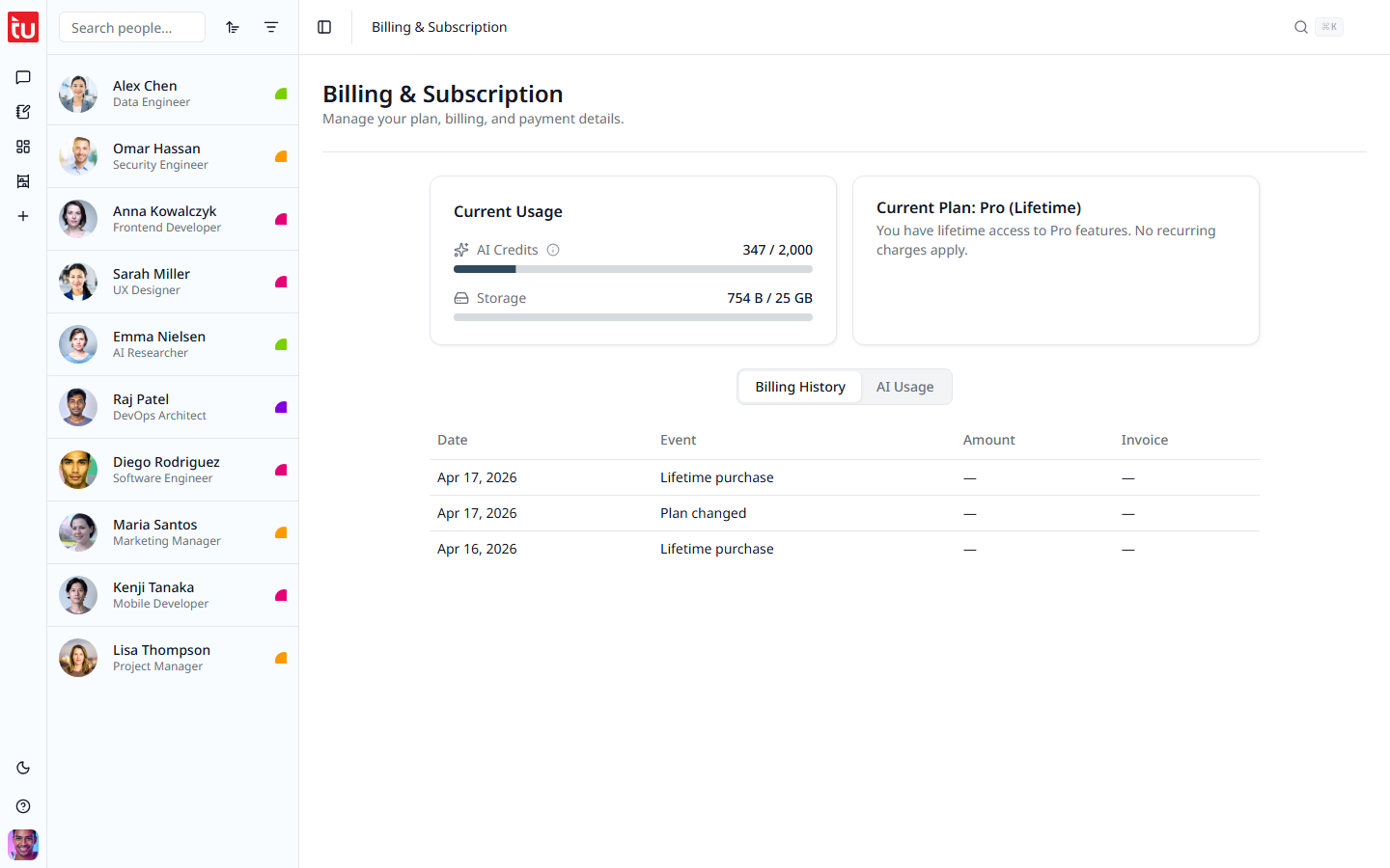 The Billing page with the usage bars, the current plan, and the history table