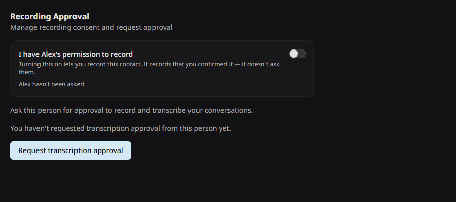 The Recording Approval section on the edit person page, with the permission switch and the request button