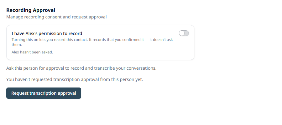The Recording Approval section on the edit person page, with the permission switch and the request button