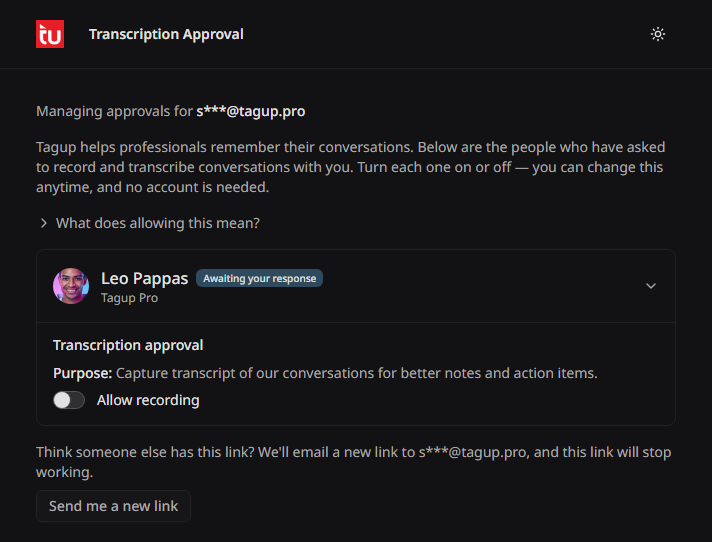 The approval page a contact reaches from the email, with the request card and the Allow recording switch