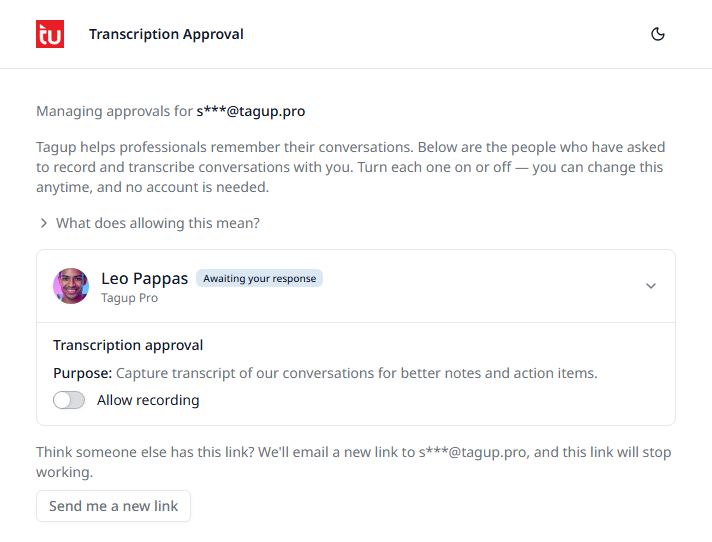 The approval page a contact reaches from the email, with the request card and the Allow recording switch