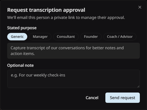 The request dialog with the purpose chips, the purpose text, and an optional note