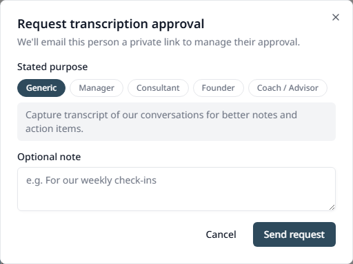 The request dialog with the purpose chips, the purpose text, and an optional note
