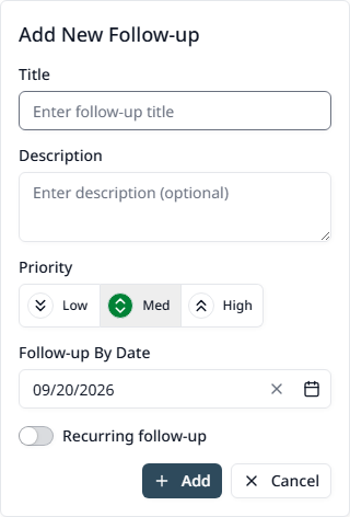 The follow-up form with the title, the date, the priority, and the recurring switch