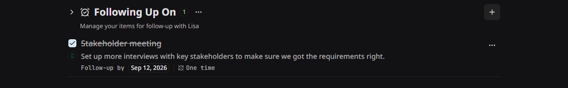 The Following Up On section with dates, priority icons, and repeat marks