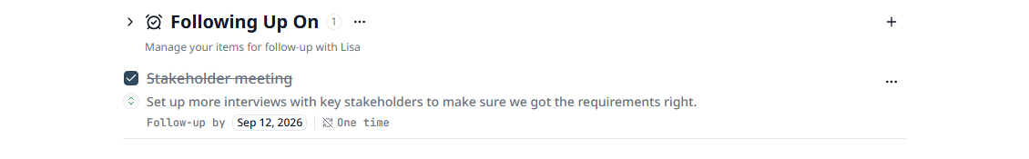 The Following Up On section with dates, priority icons, and repeat marks