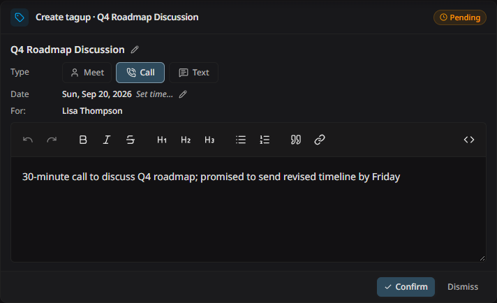 An action card in the Hub thread, with the proposed values and the confirm and dismiss buttons