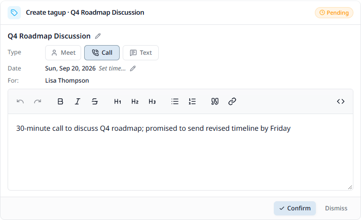 An action card in the Hub thread, with the proposed values and the confirm and dismiss buttons