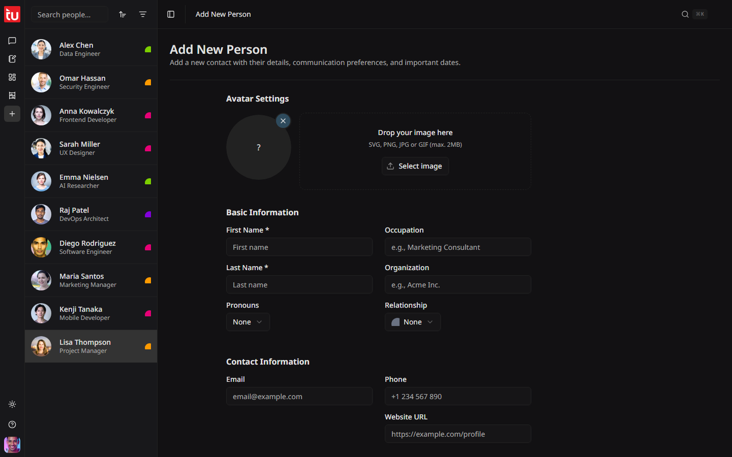 The new person form with the name, contact, location, and tag fields