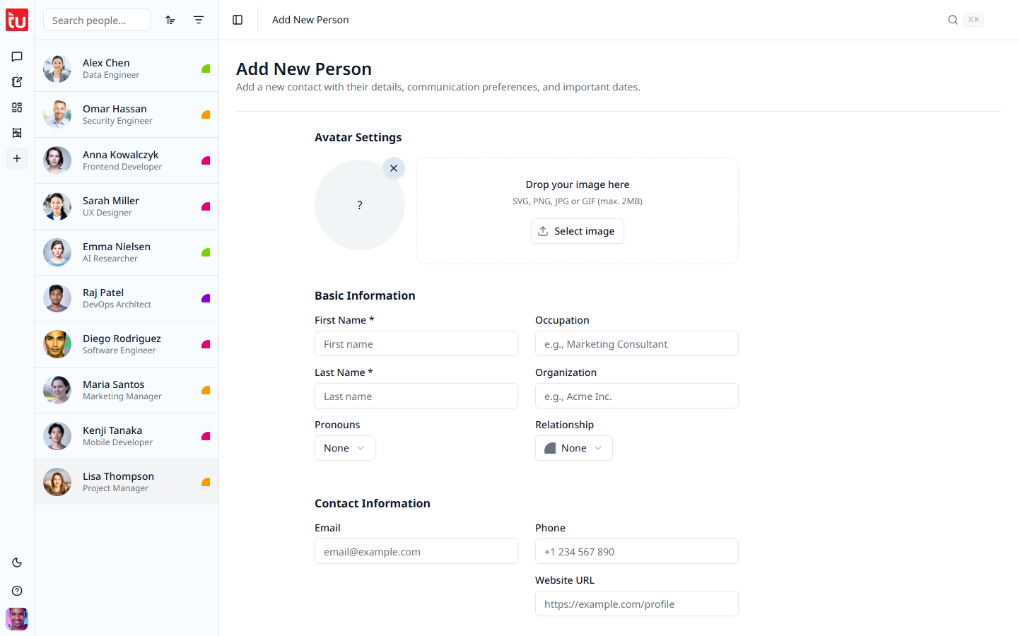 The new person form with the name, contact, location, and tag fields