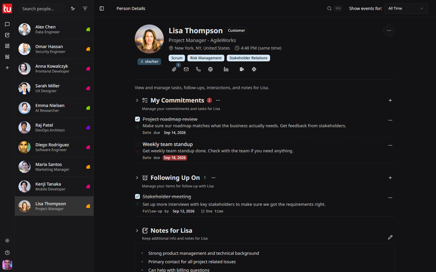 A person profile with the picture, the relationship badge, the location, the tags, and the contact buttons