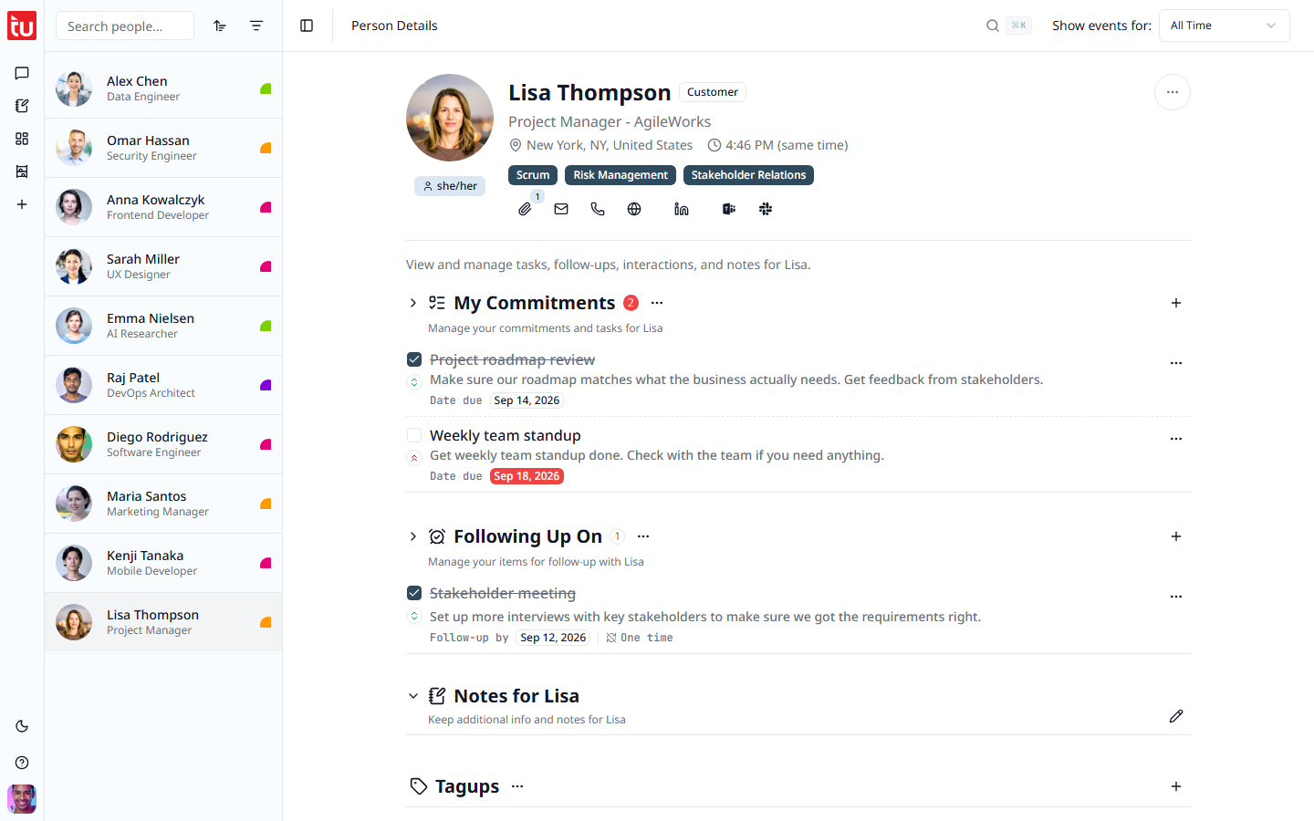 A person profile with the picture, the relationship badge, the location, the tags, and the contact buttons