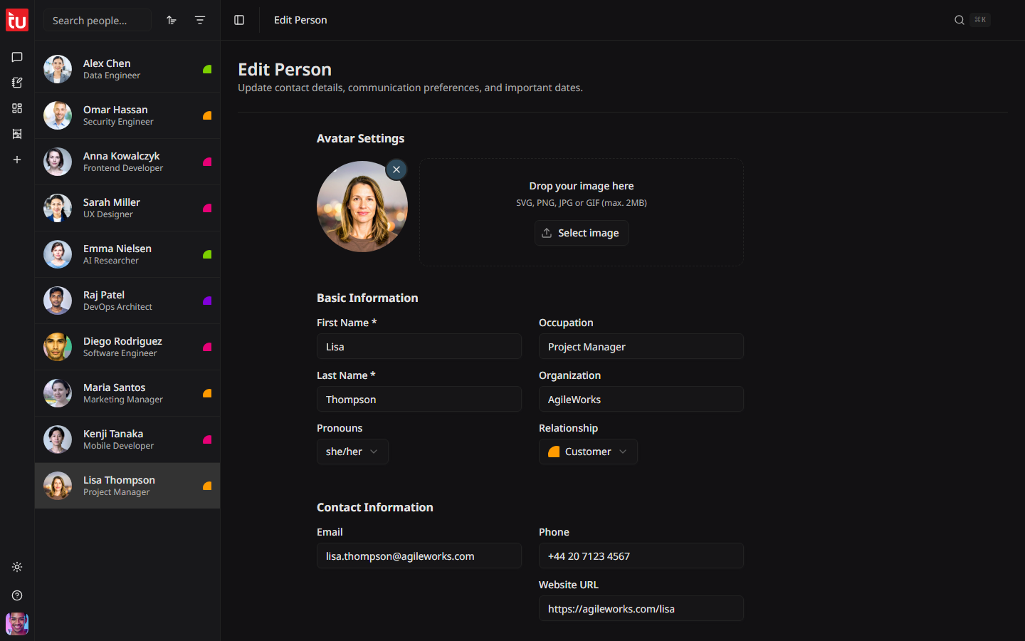 The edit person form with the picture upload and all the fields