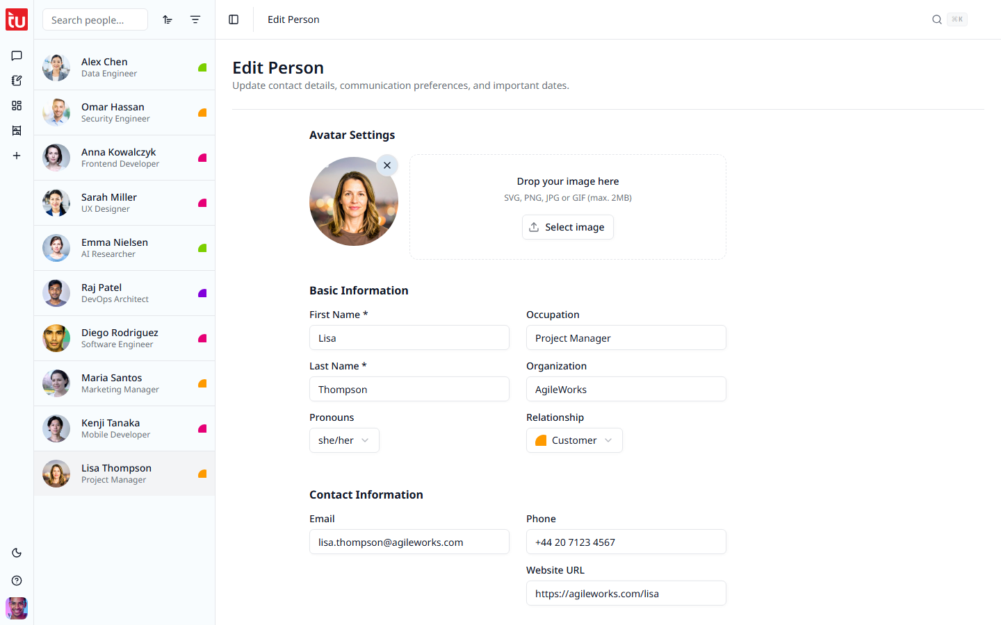 The edit person form with the picture upload and all the fields