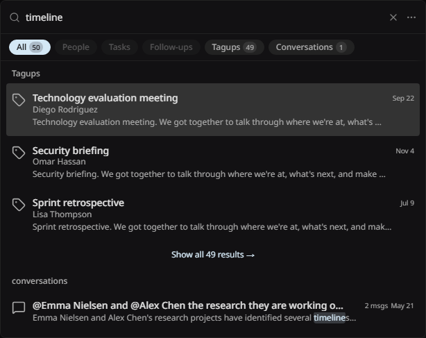 The search panel with results grouped by type and a snippet under each one