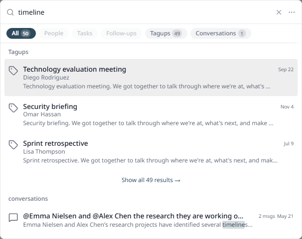 The search panel with results grouped by type and a snippet under each one