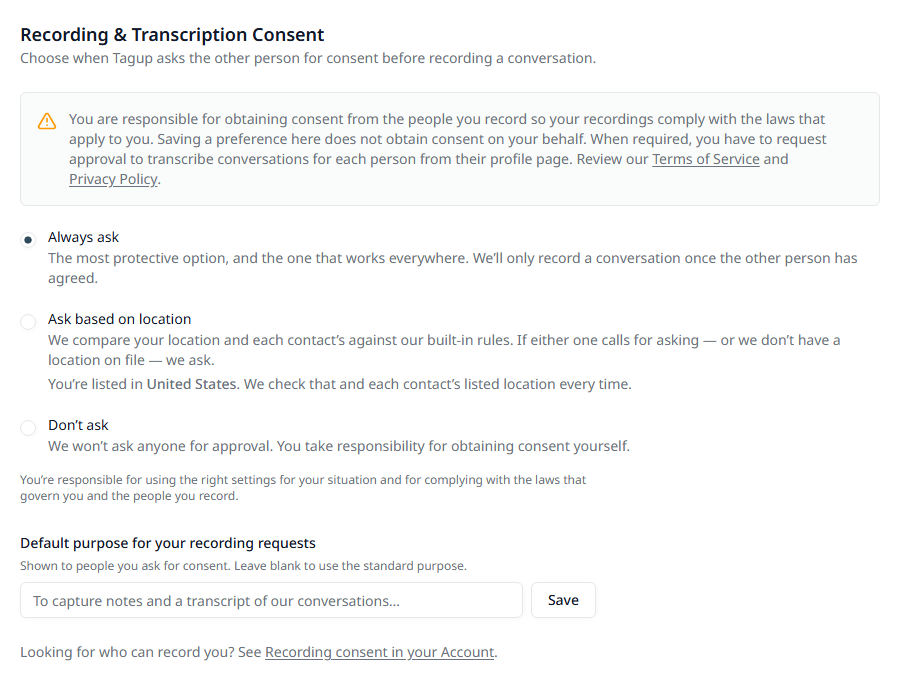 The Recording and Transcription Consent section in Settings, with three options