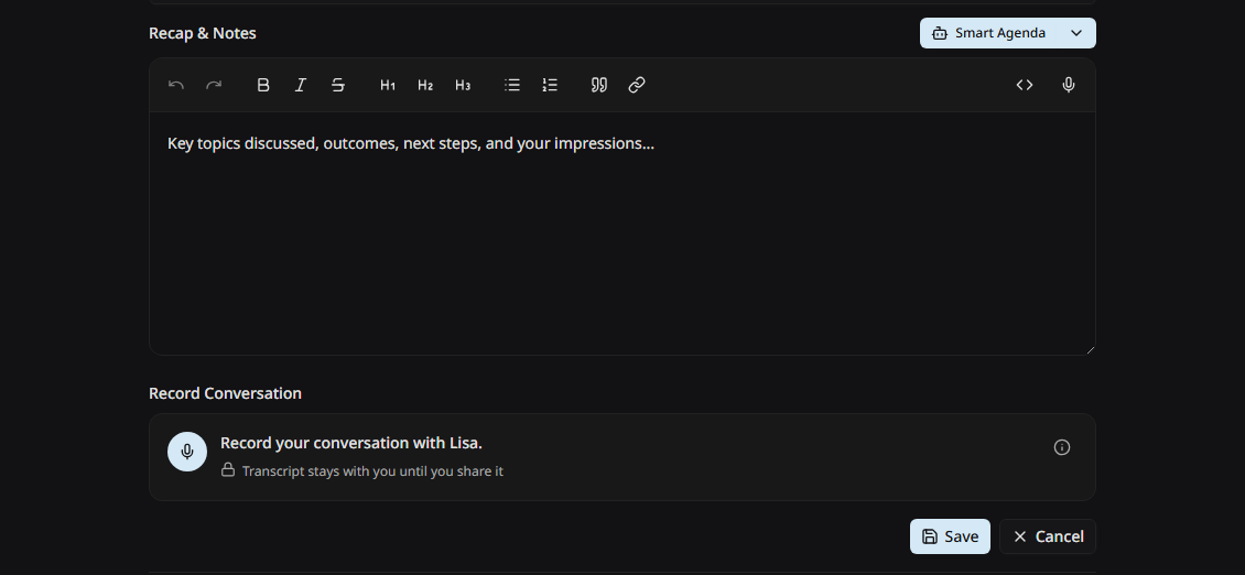 The Record Conversation field inside the tagup form, with a round record button