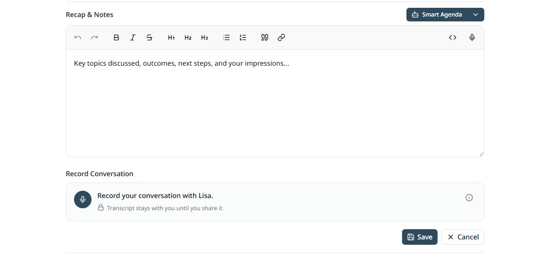 The Record Conversation field inside the tagup form, with a round record button