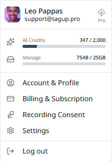The user menu with the plan badge, the usage bars, and the links