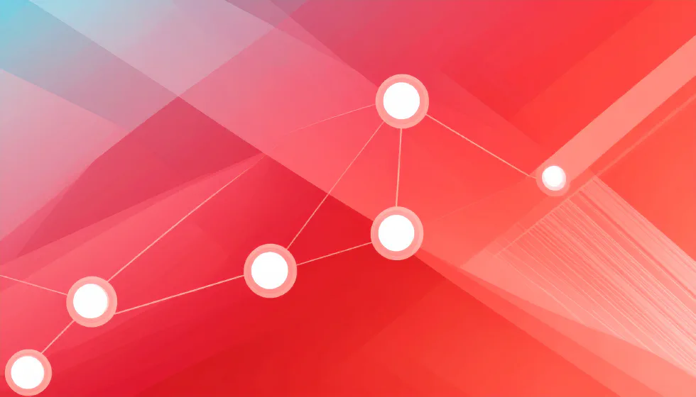 White connected nodes joined by thin lines in a rising path, over a red and pink gradient