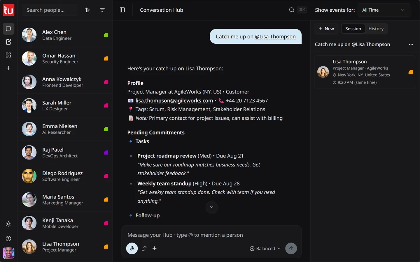 Tagup Conversation Hub showing a chat-style prep brief on a key relationship — recent touchpoints and open commitments