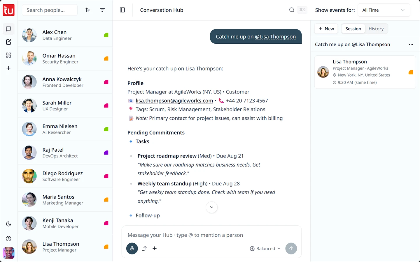 Tagup Conversation Hub showing a chat-style prep brief on a key relationship — recent touchpoints and open commitments