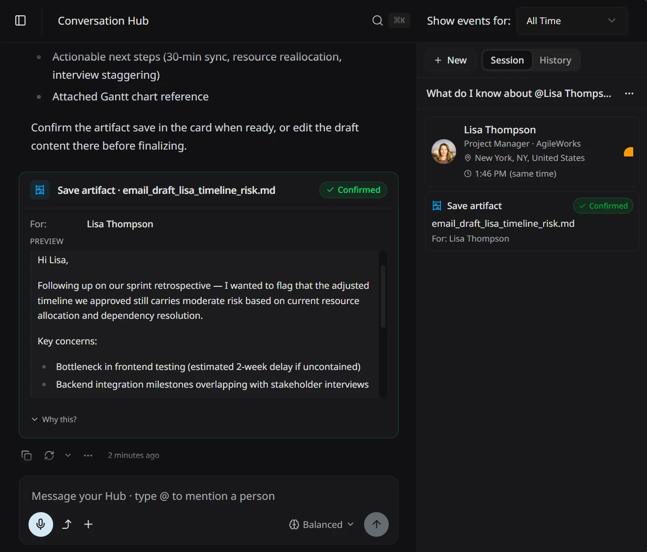 Commitments dashboard showing proposed and confirmed tasks and follow-ups grouped by person, with one card highlighted as a Hub proposal