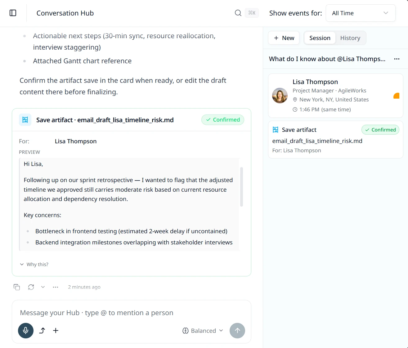 Commitments dashboard showing proposed and confirmed tasks and follow-ups grouped by person, with one card highlighted as a Hub proposal