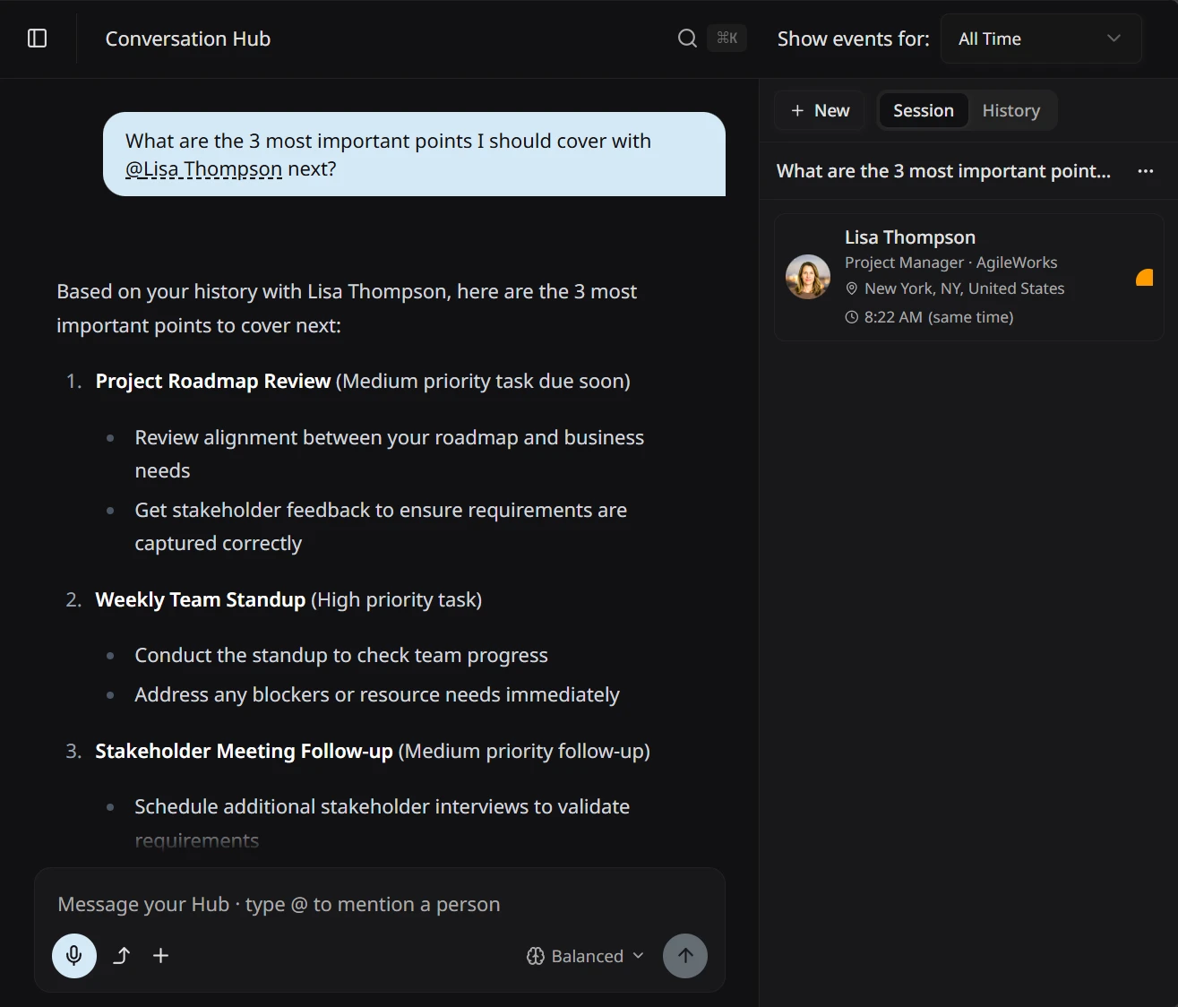 Conversation Hub agent answering 'What are the 3 most important points I should cover with Lisa next?' and the response returning a prioritized numbered list of items to review.