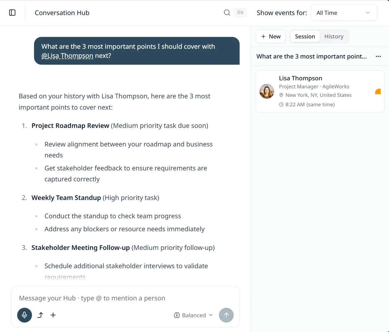 The Conversation Hub returning a prioritized list of the most important points to cover with a client before the next call