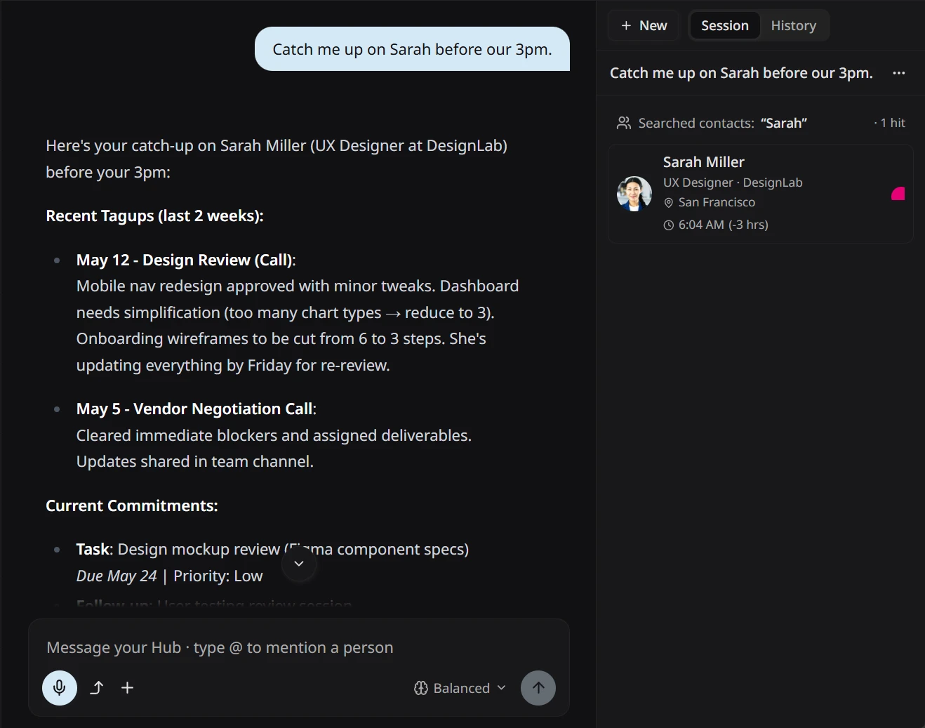 The Conversation Hub answering 'catch me up on Bryan before the call' with a chat-style summary of the last three touchpoints
