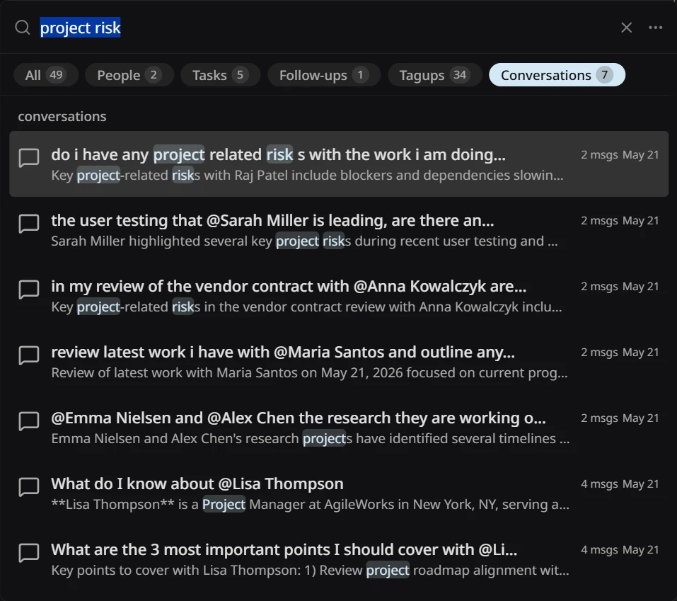 Hub citation panel showing search results across past tagups, notes, and transcripts that grounded the assistant's answer