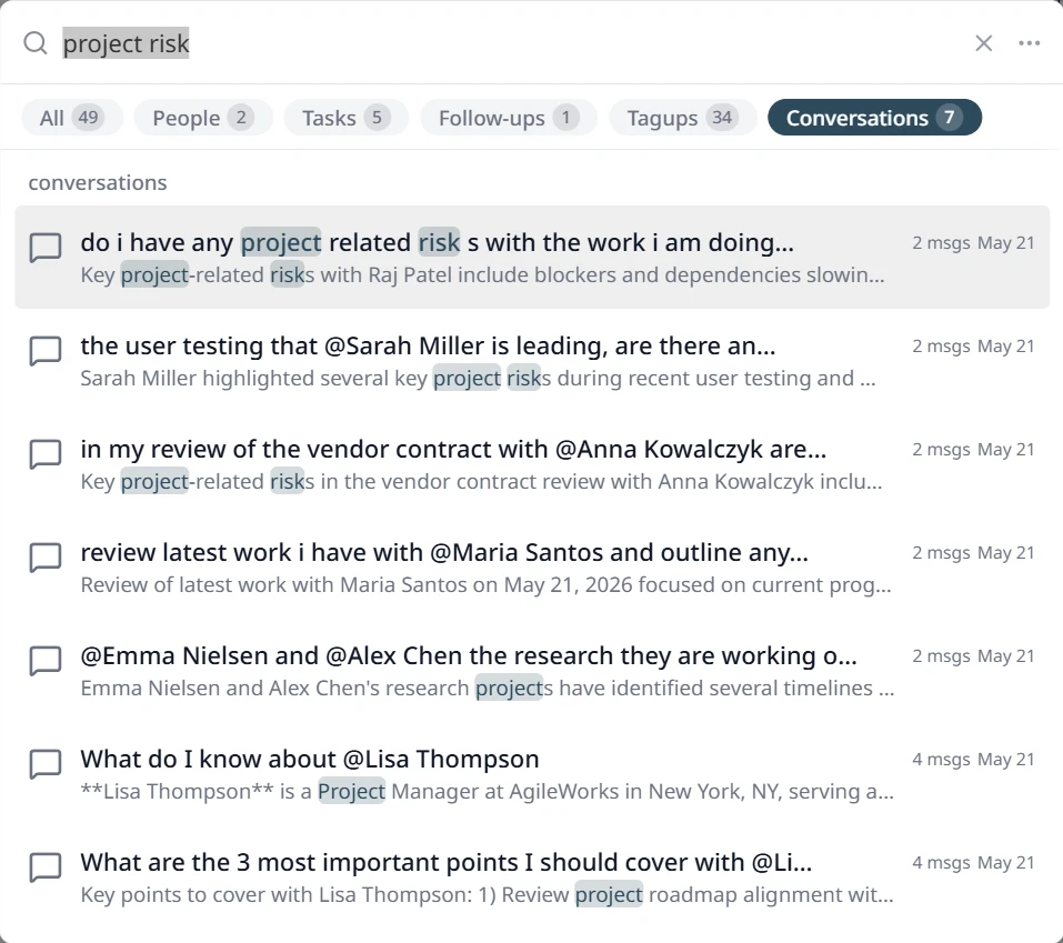 Hub citation panel showing search results across past tagups, notes, and transcripts that grounded the assistant's answer