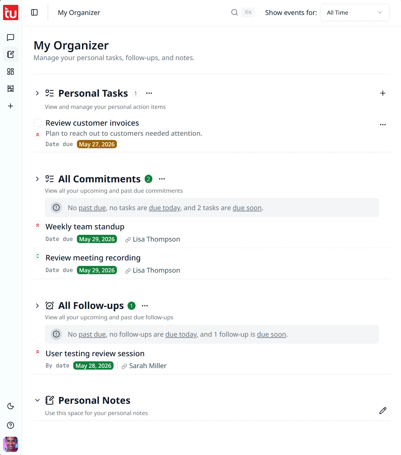 Commitments dashboard grouped by investor and advisor with overdue items highlighted and color-coded by priority