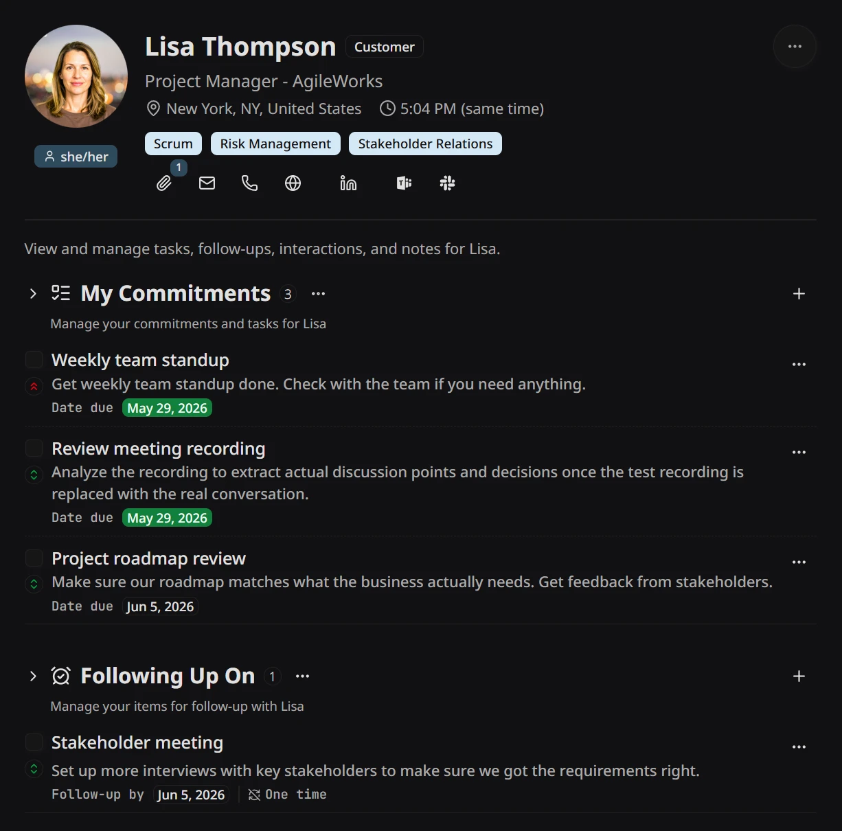 A person's profile with the commitments section expanded, showing all tasks and follow-ups attached to that relationship grouped by status