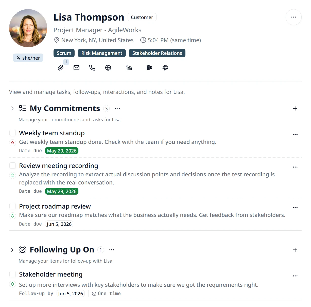 A person's profile with the commitments section expanded, showing all tasks and follow-ups attached to that relationship grouped by status
