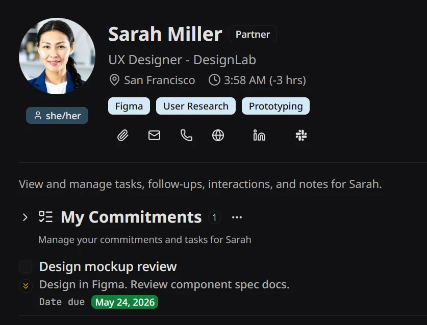 Person profile header showing local time, one-tap shortcuts to email, phone, LinkedIn, and Slack, skill tags, and an attached file