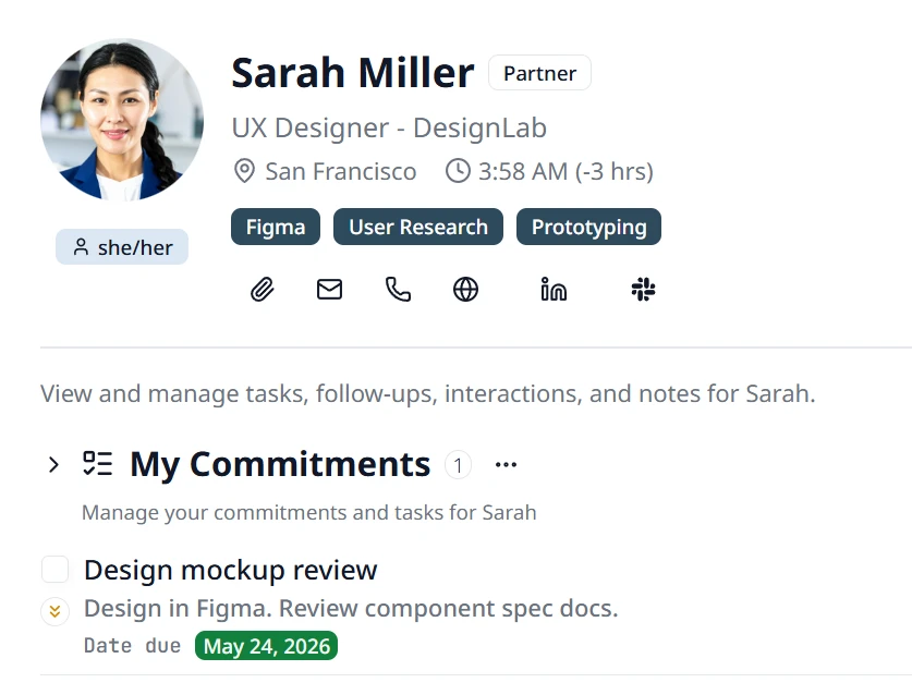 Person profile header showing local time, one-tap shortcuts to email, phone, LinkedIn, and Slack, skill tags, and an attached file