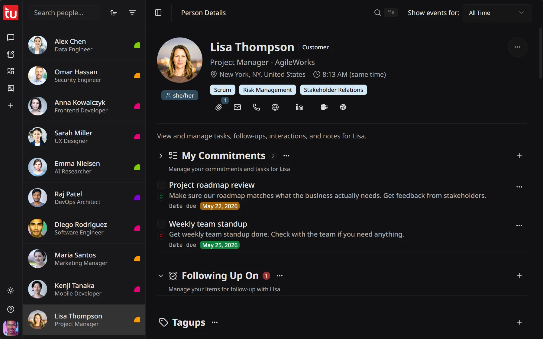 A person's profile in Tagup showing comms apps, significant dates, an interaction timeline, and pending commitments
