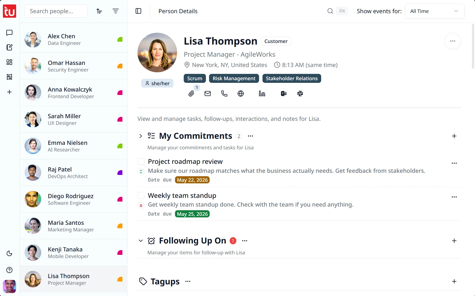 A person's profile in Tagup showing comms apps, significant dates, an interaction timeline, and pending commitments