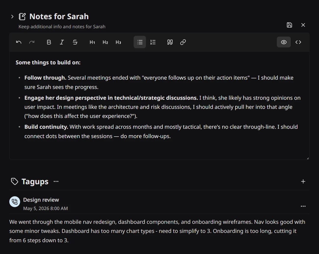 Tagup's rich-text notes editor open on a client profile, with Markdown formatting and a full toolbar