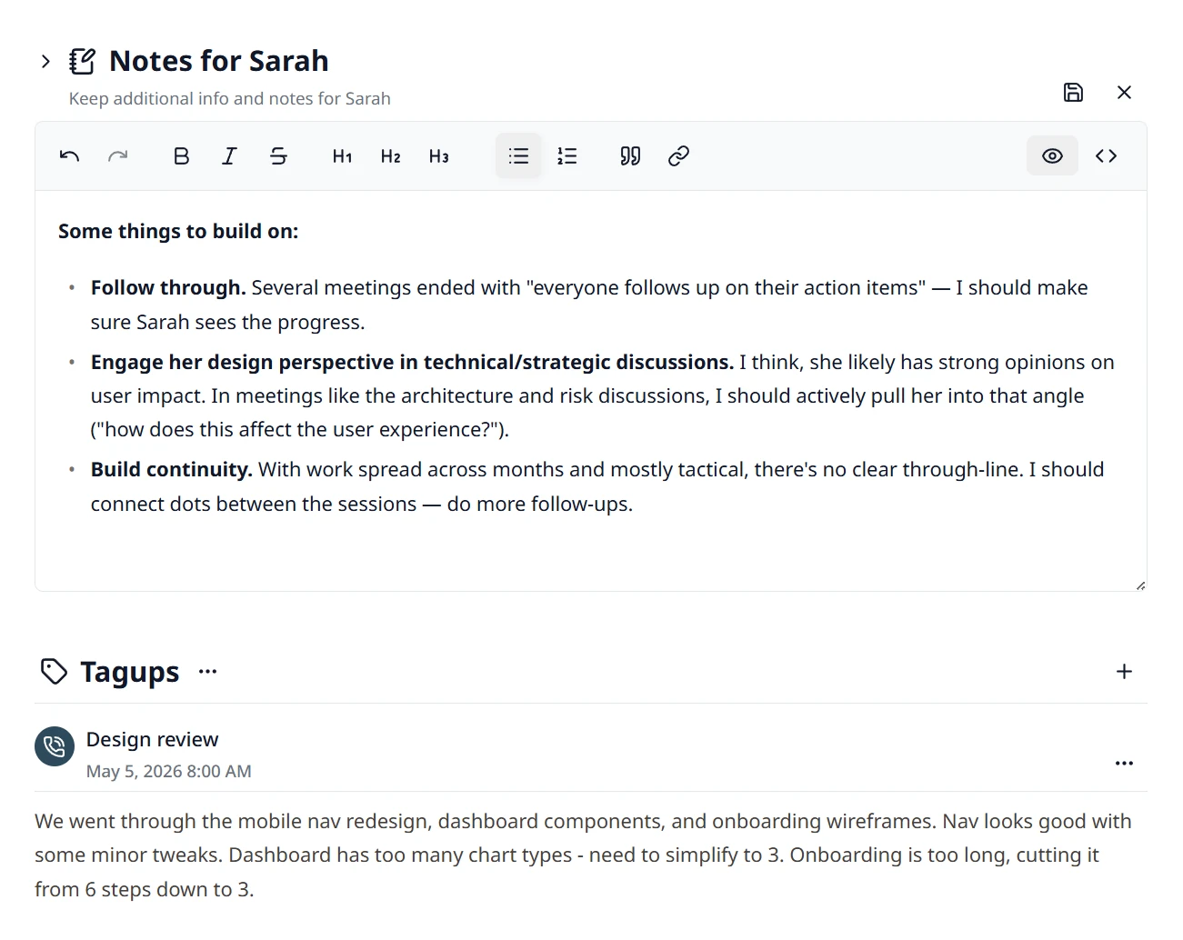Tagup's rich-text notes editor open on a client profile, with Markdown formatting and a full toolbar
